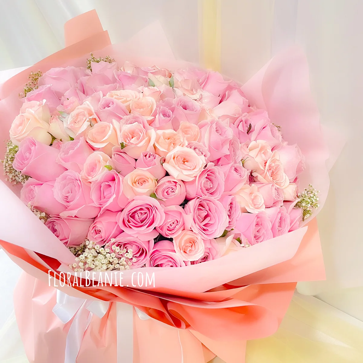 Romantic 99 Pink Rose with Baby's Breath Bouquet 1 99 Pink Rose with Baby's Breath Bouquet