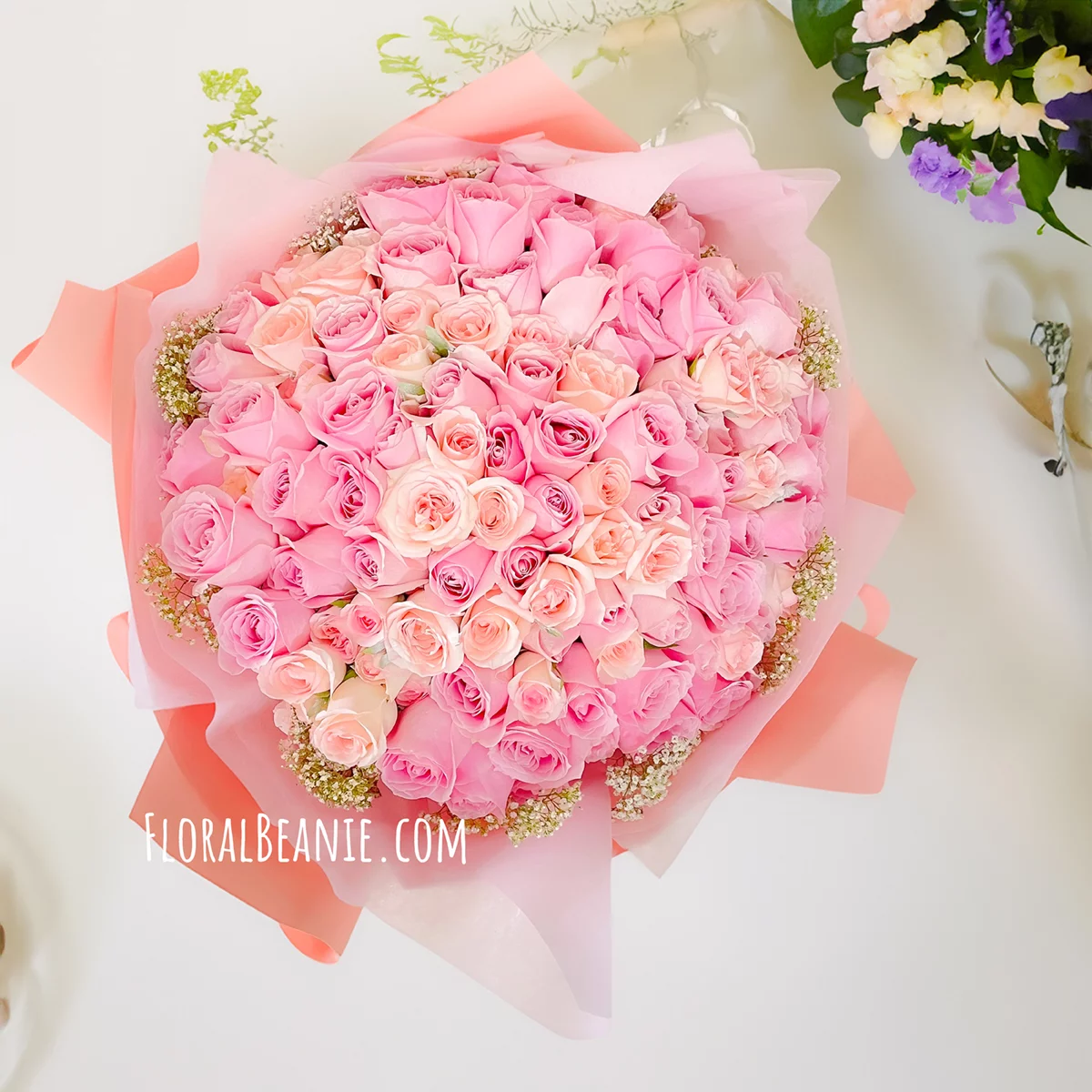 Romantic 99 Pink Rose with Baby's Breath Bouquet 2 99 Pink Rose with Baby's Breath Bouquet