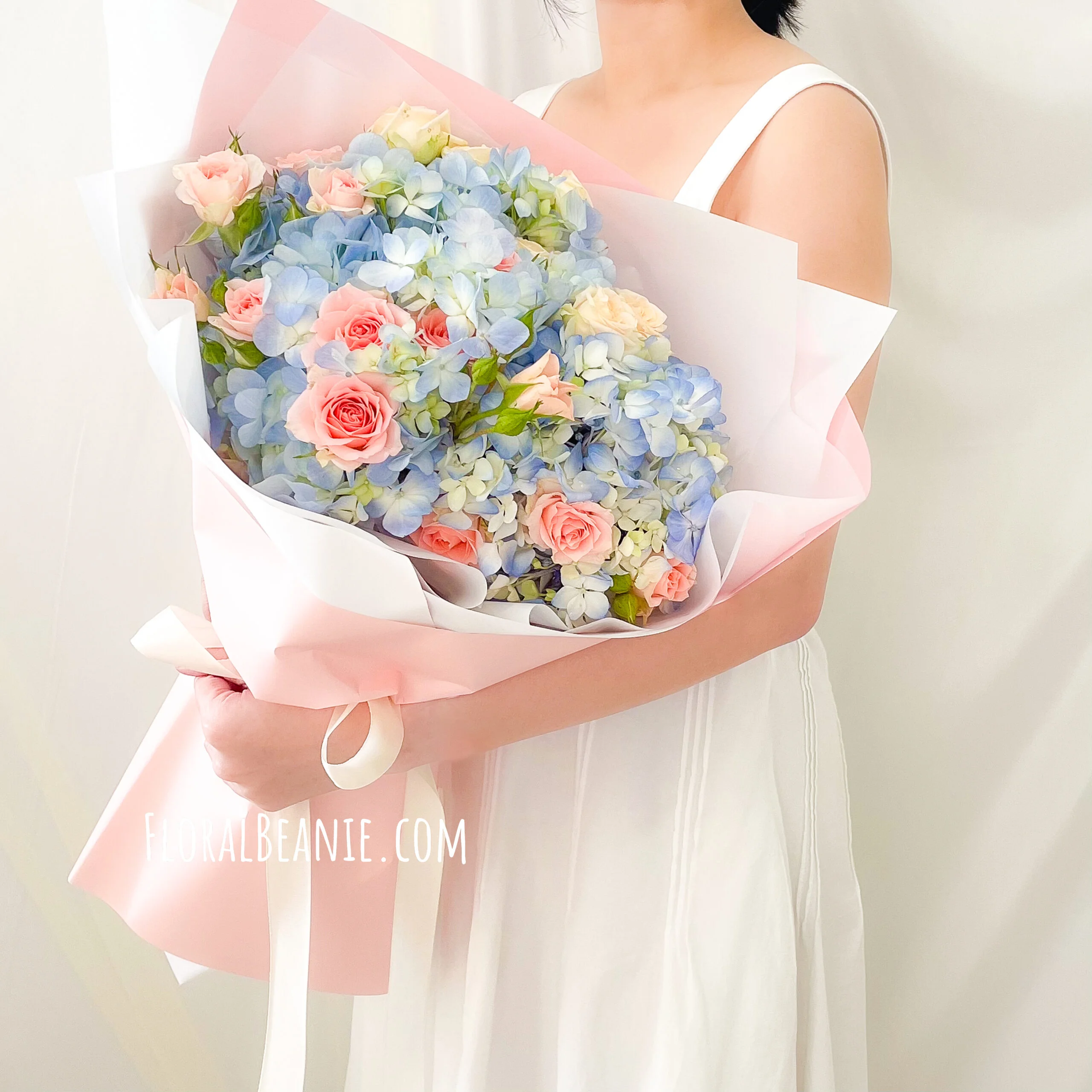 Valentine's Day Blue Hydrangea with Pink Rose Bouquet