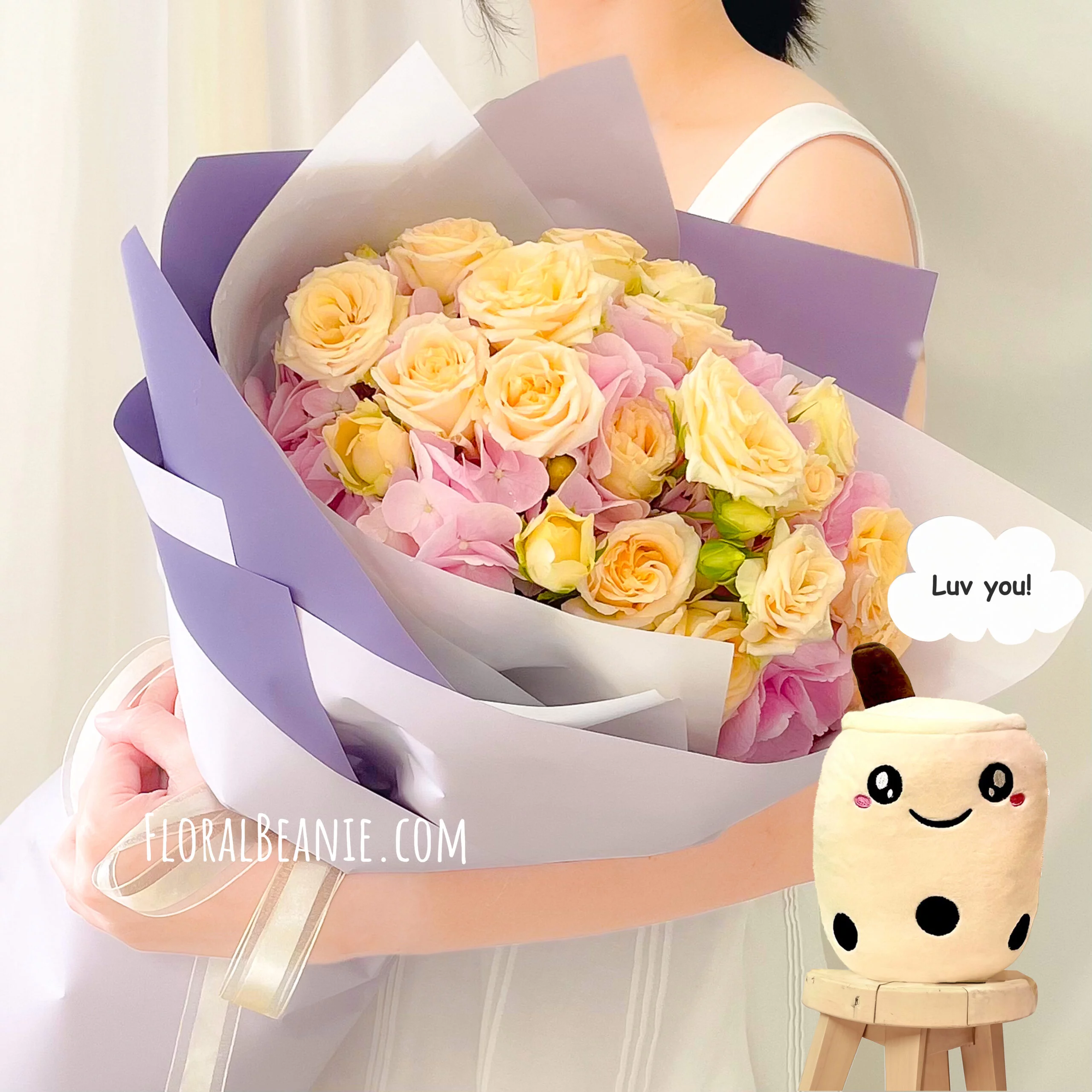 Valentine's Day Pink Hydrangea with Champagne Rose Bouquet with BBT