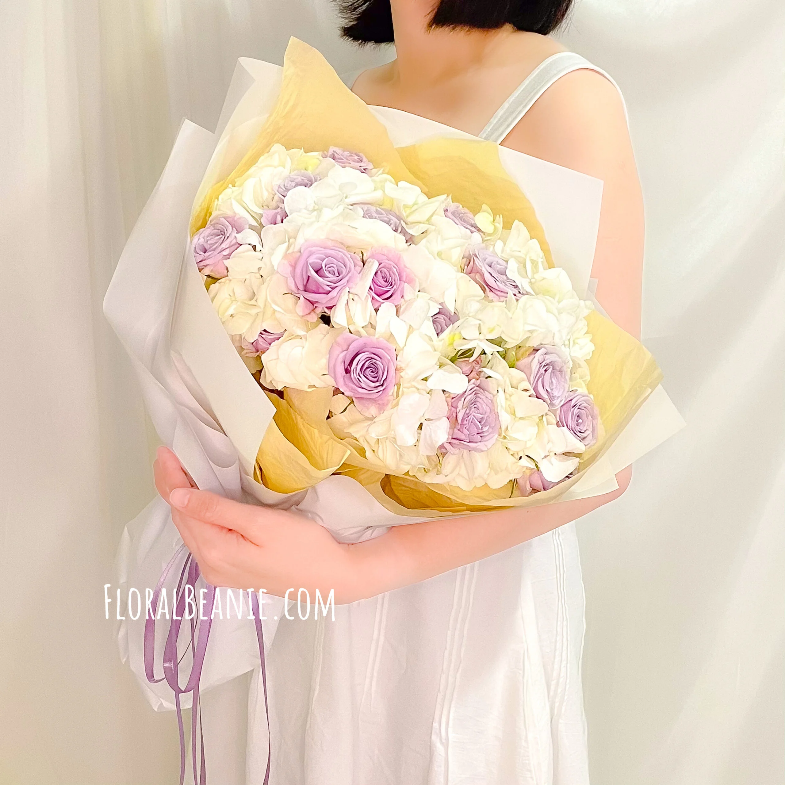 Anniversary White Hydrangea with Purple Rose Bouquet 1 Valentine's Day White Hydrangea with Purple Rose Bouquet