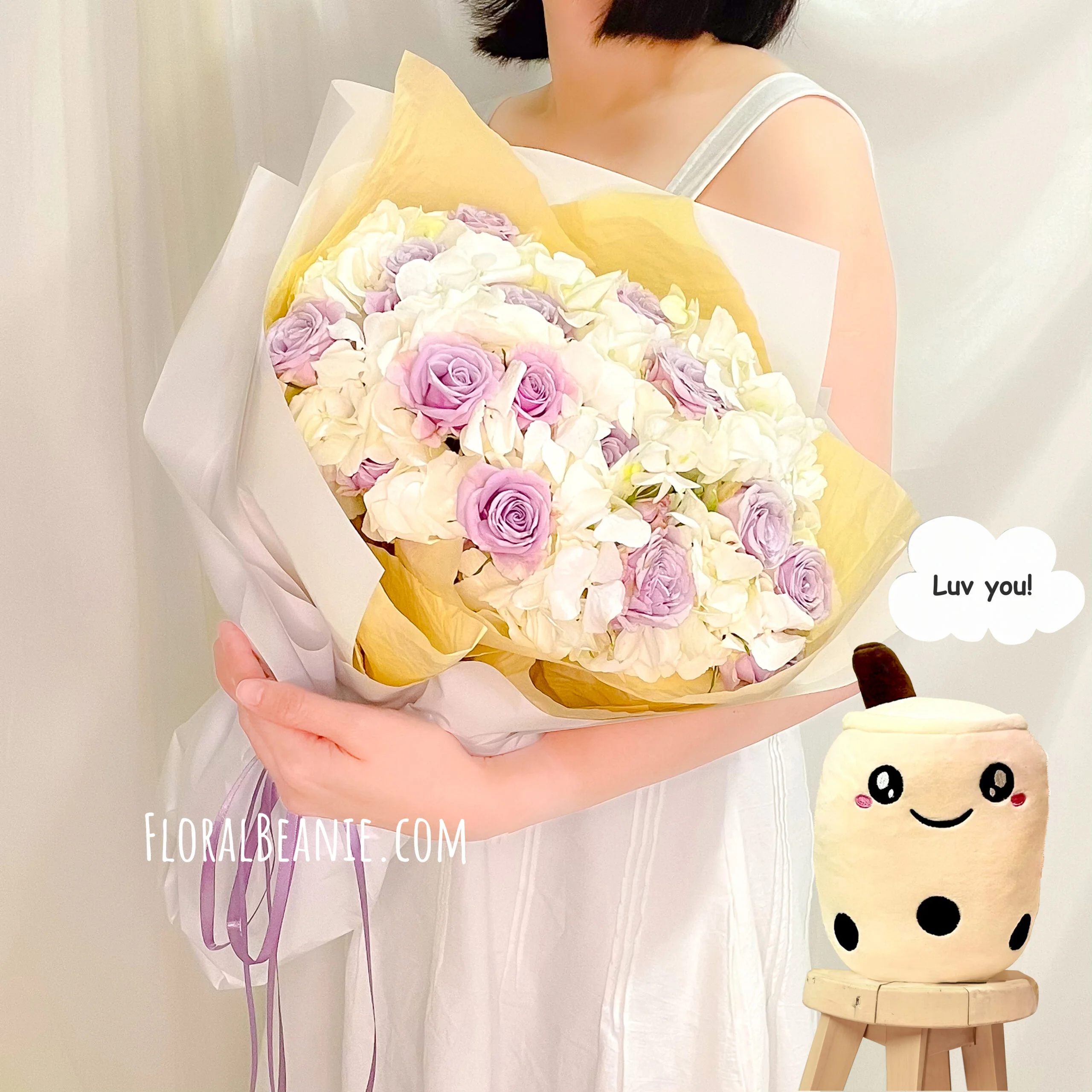 Anniversary White Hydrangea with Purple Rose Bouquet 3 Valentine's Day White Hydrangea with Purple Rose Bouquet with BBT