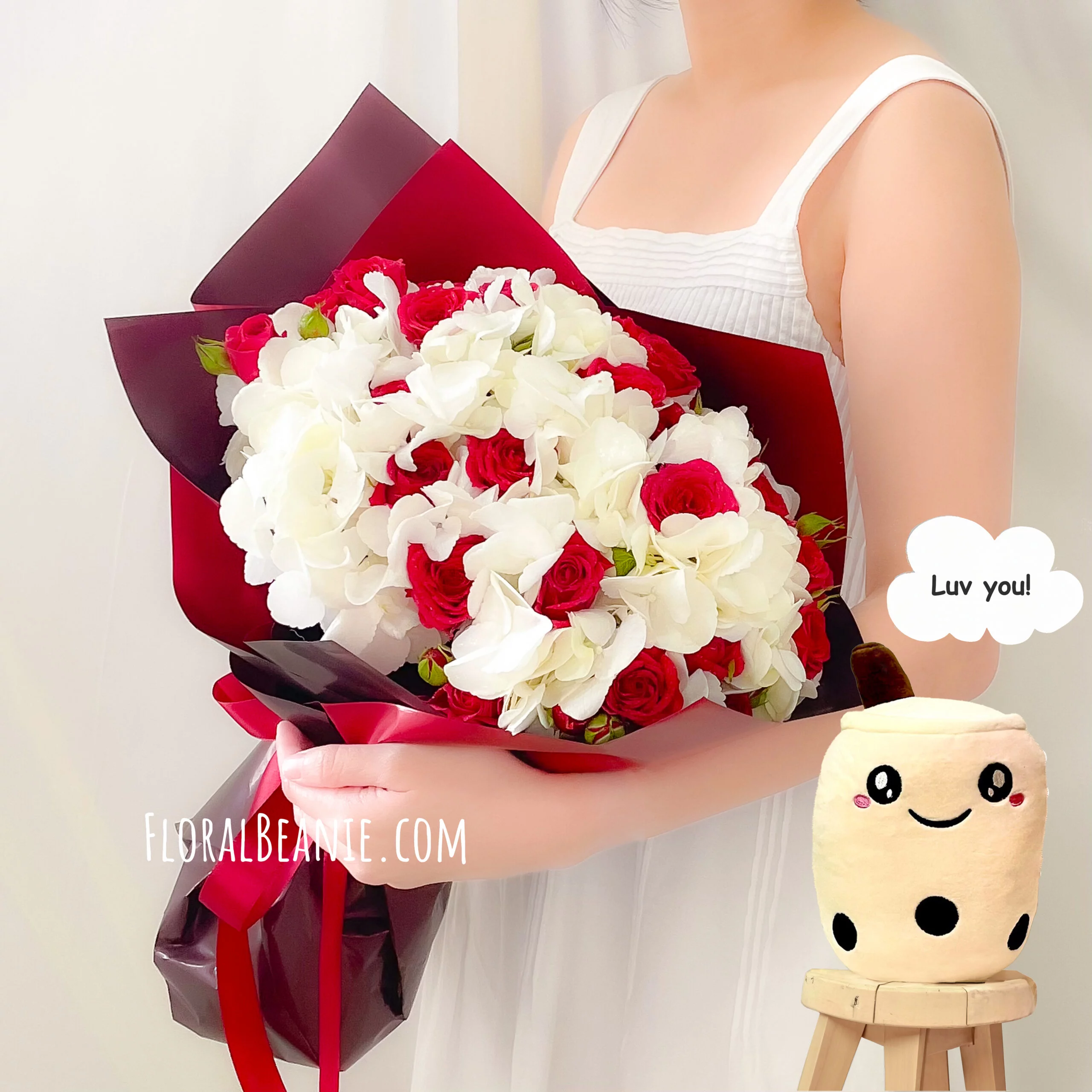 Valentine's Day White Hydrangea with Red Rose Bouquet with BBT